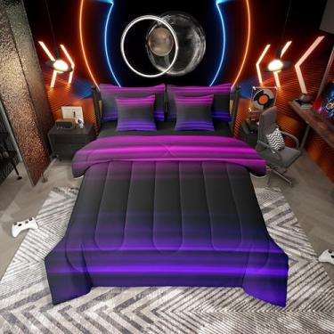 Imagem de Erosebridal Conjunto de cama de 7 peças, solteiro, ombré, com lençóis, arte abstrata, estampa 3D, listrada, moderna, em uma bolsa, roxo, rosa e preto