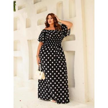 Imagem de Vestido De Bolinhas Longo Plus Size Manga Curta Godê Ombro a Ombro Mod