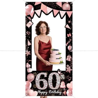 Imagem de Banner de aniversário de 60 anos, balão de lantejoulas com glitter rosa, cenário fotográfico, brilhante, festa, aniversário, bandeira, moldura rosto no orifício, adereços para foto de fundo de selfie