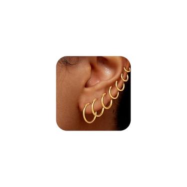Imagem de Eaciy 7 pares de brincos de argola de ouro para mulheres – Conjunto de brincos de argola banhados a ouro 18 K, leves, minimalistas, pequenos, hipoalergênicos, grossos, leves, para mulheres, presentes