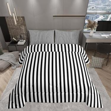 Imagem de Manfei Conjunto de edredom solteiro com listras pretas e brancas, estilo simples e moderno, coleção de cama macia, geométrico, fofo, para decoração de quarto de meninos e meninas, 2 peças
