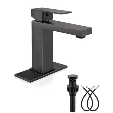 Imagem de Heyalan Torneira de banheiro 1 furo, torneira de pia de banheiro de alça única moderna aço inoxidável com tampa de drenagem pop-up e mangueiras de abastecimento de água, bronze polido a óleo