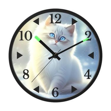Imagem de STAYTOP Lindo relógio de parede de LED de gato de olhos azuis para quarto com brilho noturno, relógios de parede silenciosos de 30 cm para decoração de sala de estar, controle de som, relógio de
