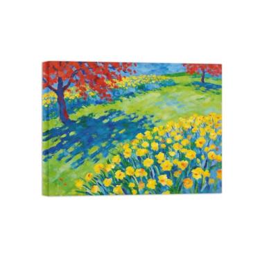 Imagem de Impressão em tela de parede de paisagem - árvore vermelha flores amarelas - pintura de decoração - imagens para sala de estar pronta para pendurar tela embrulhada 50 x 65 cm 20 x 26 pol