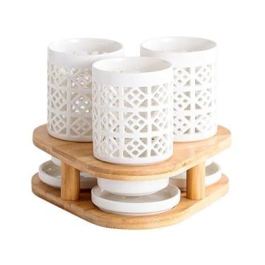 Imagem de Suporte de utensílio 3 peças de suporte de utensílios de cerâmica com base de bambu, organizador de talheres de cozinha triângulo criativo para bancada, organizador de talheres organizador de