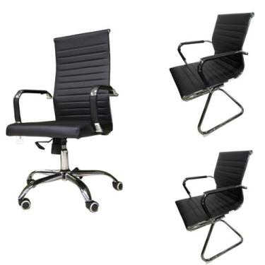 Imagem de Kit Escritório 3 Cadeiras Esteirinha material sintético  2 Base Fixa +