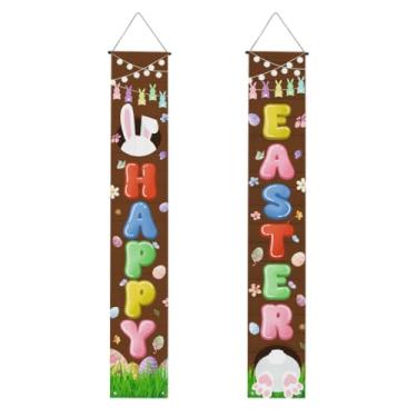 Imagem de Dacawin Bandeira de letreiro de páscoa Feliz Páscoa para pendurar na porta com orelhas de coelho e coelho letras de balão colorido ovos flores primavera madeira rústica suprimentos de festa para casa