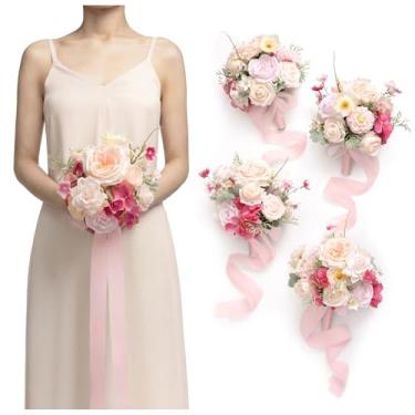 Imagem de Ling's moment Conjunto de 4 buquês artificiais de dama de honra, buquês de flores para casamento, buquês florais rosa com fita, cerimônia, aniversário, 18 cm de diâmetro