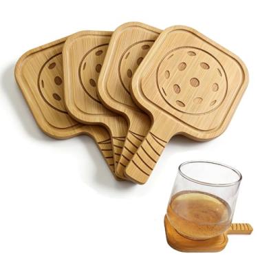 Imagem de Conjunto de 4 peças de tapete de copo de pickleball, porta-copos de bambu para bebidas com suporte, usado para proteger a mesa de jantar, decoração de pintura Pickleball para casa e dar presentes aos