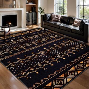 Imagem de SERISSA Tapetes de área de 15 x 23 cm para sala de estar, lavável, antiderrapante, preto e dourado, tapete geométrico macio e geométrico para sala de jantar, quarto, casa, escritório, sala de jogos