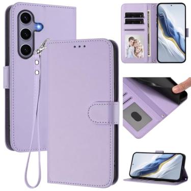 Imagem de Capa carteira para Samsung Galaxy S25, capa fina de couro com compartimentos para cartões, alça de pulso e suporte, capa protetora à prova de choque para homens e mulheres (roxo claro)