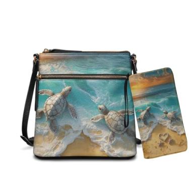 Imagem de Rchsomd Conjunto de bolsa e carteira feminina de couro PU - Bolsa Hobo leve multifuncional com vários bolsos para viagens, Tartaruga, praia, mar, One Size