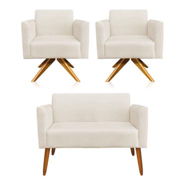 Imagem de Kit 01 Namoradeira e 02 Poltronas Marisa Suede Base Giratória Madeira MA30