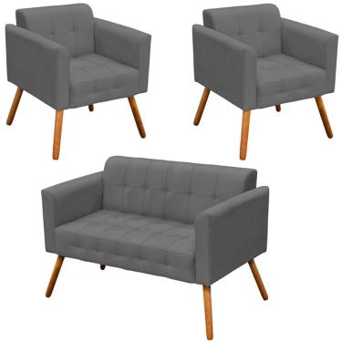 Imagem de Conjunto 2 Poltronas e 1 Namoradeira Pés Palito Karen Suede Grafite - Gran Belo