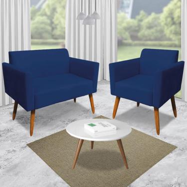 Imagem de Conjunto Namoradeira e 2 Poltronas Decorativas Isabella Pés Palito Madeira Suede Azul Marinho - Gran Belo