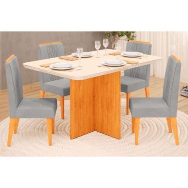 Imagem de Sala De Jantar Completa Hera Tampo Madeirado C- Vidro Reto 120x90cm E 4 Cadeiras Lia Cedro-off White - Suede Lunar - Dj Móveis