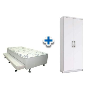 Imagem de Cama Box Solteiro Conjugado Ortobom White C/ Auxiliar + Armário Multiuso Margarida Branco