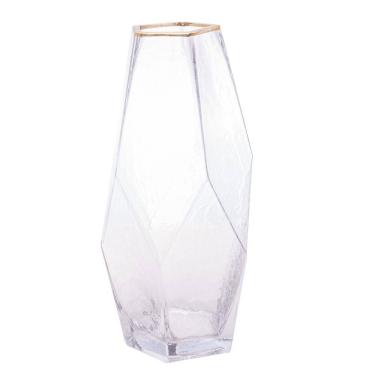 Imagem de Vaso Decorativo de Vidro Martelado Transparente C/Borda Dourada Taj 28,5x13cm Wolff