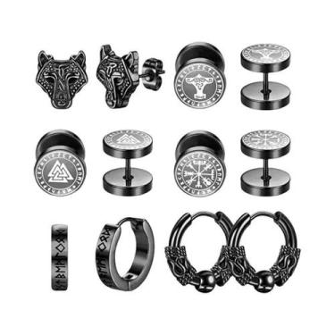 Imagem de Conjunto De Brincos Redondos Com Runas Vikings 18G, 6 Pares, Aço Inoxi