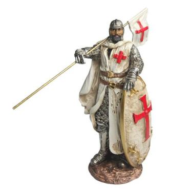 Imagem de Enfeite Estátua Cavaleiro Templário Escudo e Bandeira As Cruzadas Deco