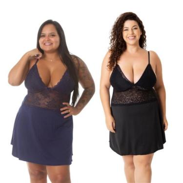 Imagem de Kit 2 Camisola Plus Size Feminina Sensual Microfibra com Renda Sem Boj