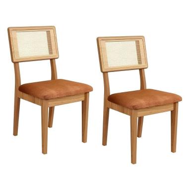 Imagem de Kit 2 Cadeiras de Jantar Assento Estofado em Tecido Linho com Encosto em Tela Palha Mdf Freijó / Cesare Terracota