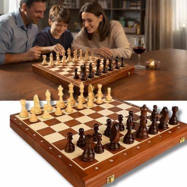 Imagem de Xadrez de Madeira 39x39 Dobrável – Estojo Premium com Peças Vernizadas, Tabuleiro e Peças 100% Madeira, com 2 Rainhas reseva