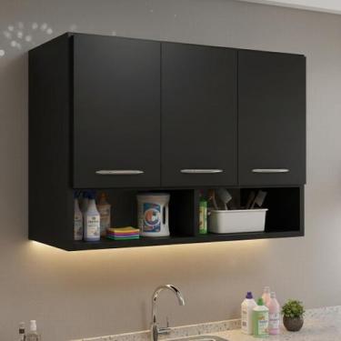 Imagem de Armario Aéreo 3 portas 87 cm com Nicho Suspenso Branco ou Preto Puxado