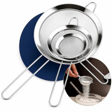 Imagem de Conjunto 3 Peneiras de Cozinha em Aço Inox 304 – Malha Fina Antioxidante com Suporte pa...