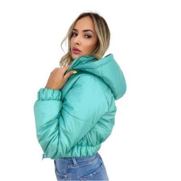 Imagem de Jaqueta Puffer Feminina Verde Água Com Capuz Curta - Charme de Moça, G