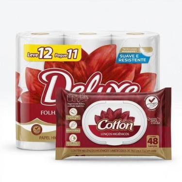 Imagem de Kit Higiene Completa Papel Higiênico 12 Rolos Folha Dupla Lenço Umedec