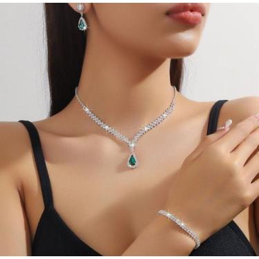 Imagem de L2921-Conjunto Feminino Colar e Brinco Pulseira Verde Esmeralda Gota Z