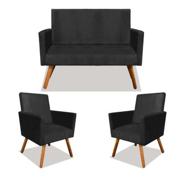 Imagem de Kit 01 Namoradeira e 02 Poltronas Decorativa Nina com Pés Madeira Suede Preto