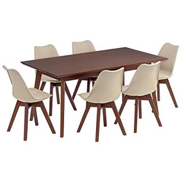 Imagem de Conjunto Mesa de Jantar Retangular Vértice 160cm Nozes com 6 Cadeiras Leda em Madeira Maciça - Nude