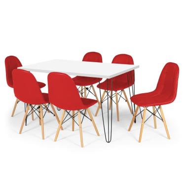 Imagem de Conjunto Mesa de Jantar Hairpin 130x80 Branca com 6 Cadeiras Eiffel Botonê - Vermelho