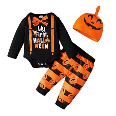 Imagem de Macacão infantil para meninos e meninas, Halloween, manga comprida, estampa de abóbora, roupas para crianças (laranja, 6 a 9 meses)