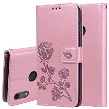 Imagem de HONGYAN Capa de telefone Caso de couro de Flip Pu Flip PU com relevo rosa para Huawei Honor 8a/y6 2019, com titular e slots de cartão e carteira Capa protetora