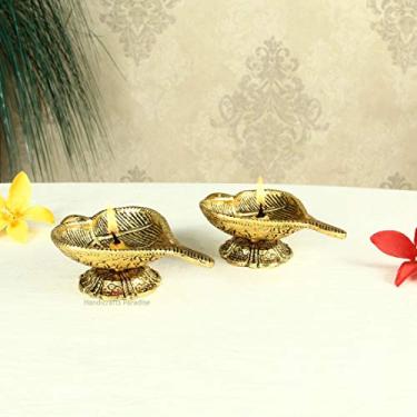 Imagem de Par Diya em formato de folha Paradise da Handicrafts em metal banhado a ouro antigo