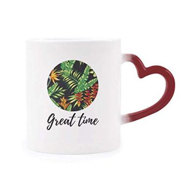 Imagem de Caneca com desenho de folhas tropicais, planta sensível ao calor, caneca de grés que muda de cor vermelha