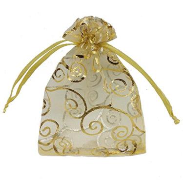Imagem de (4x6, Gold) - Ankirol 100pcs Sheer Organza Favour Bags For Wedding Baby Shower Rattan Print Gift Bags Samples Display Drawstring Pouches (4x6, gold)