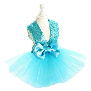 Imagem de SEIS Vestido formal com lantejoulas para cães pequenos tutu gato princesa filhote saia de casamento azul roupas para animais de estimação fantasia para ursinho feminino da Pomerânia (C (Peito 17 pol. /44 cm))