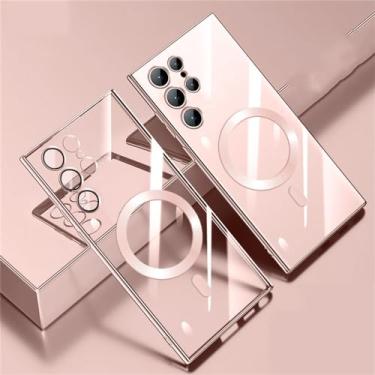 Imagem de MVVKKY Capa de carregamento magnética sem fio revestida à prova de choque para Samsung S23 Ultra S23 S22Ultra S21 Plus Tampa traseira de vidro com lente transparente, rosa, para Samsung S22 Plus
