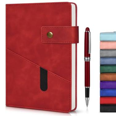 Imagem de Caderno de couro forrado vermelho A5 para homens e mulheres, diário de capa dura personalizado de 5,8 x 21,3 cm com caneta de metal, 200 páginas revistas de papel grosso de 100 g/m² para escrita, escola, viagem, escritório, negócios, trabalho, casa