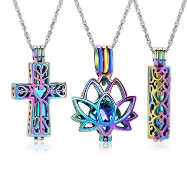 Imagem de shajwo Pacote com 3 colares de urna de cremação para cinzas para mulheres homens coração lótus cruz cilindro cremação joias para cinzas pingente de lembrança memorial, Aço inoxidável, Sem pedras preciosas