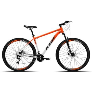Imagem de Bicicleta Mountain Bike Aro 29 KSW XLT 100 com 21 Marchas Freio a Disco Mecanico Suspensão,21,Branco Degradê Laranja