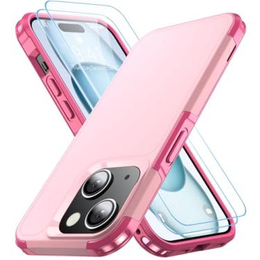 Imagem de AEDILYS Capa à prova de choque para iPhone 15, [proteção contra quedas de grau militar de 4,5 m], com 2 x [protetor de tela de vidro temperado] com para-choques de ar, capa protetora de corpo inteiro para celular, rosa