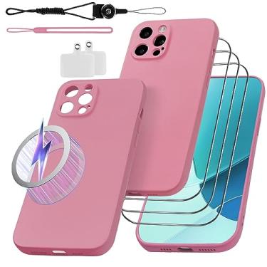 Imagem de Fudley 9 em 1, capa de telefone de silicone para iPhone 12 Pro Max, equipada com 3 protetores de tela de vidro temperado + cordões, capa protetora à prova de choque de grau militar rosa de 6,7