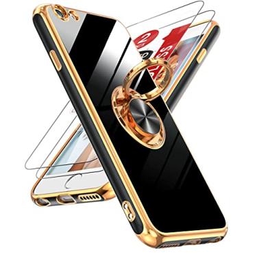 Imagem de LeYi Capa para iPhone 6, capa para iPhone 6S com protetor de tela de vidro temperado [2 unidades] suporte de anel giratório de 360°, suporte magnético, revestimento de ouro rosa, capa protetora para iPhone 6, preta