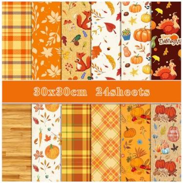 Imagem de 24 folhas de papel para scrapbook de Dia de Ação de Graças, tema de outono, bloco de cartolina estampado, papel decorativo de colheita de outono de dupla face para projetos de arte para fazer cartões