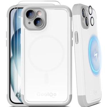 Imagem de COOLQO Capa magnética para iPhone 13, capa para iPhone 14, [6 em 1], 2X [protetor de tela + protetores de lente de câmera][proteção de grau militar de 4,5 m], capa de telefone à prova de choque, cinza branco